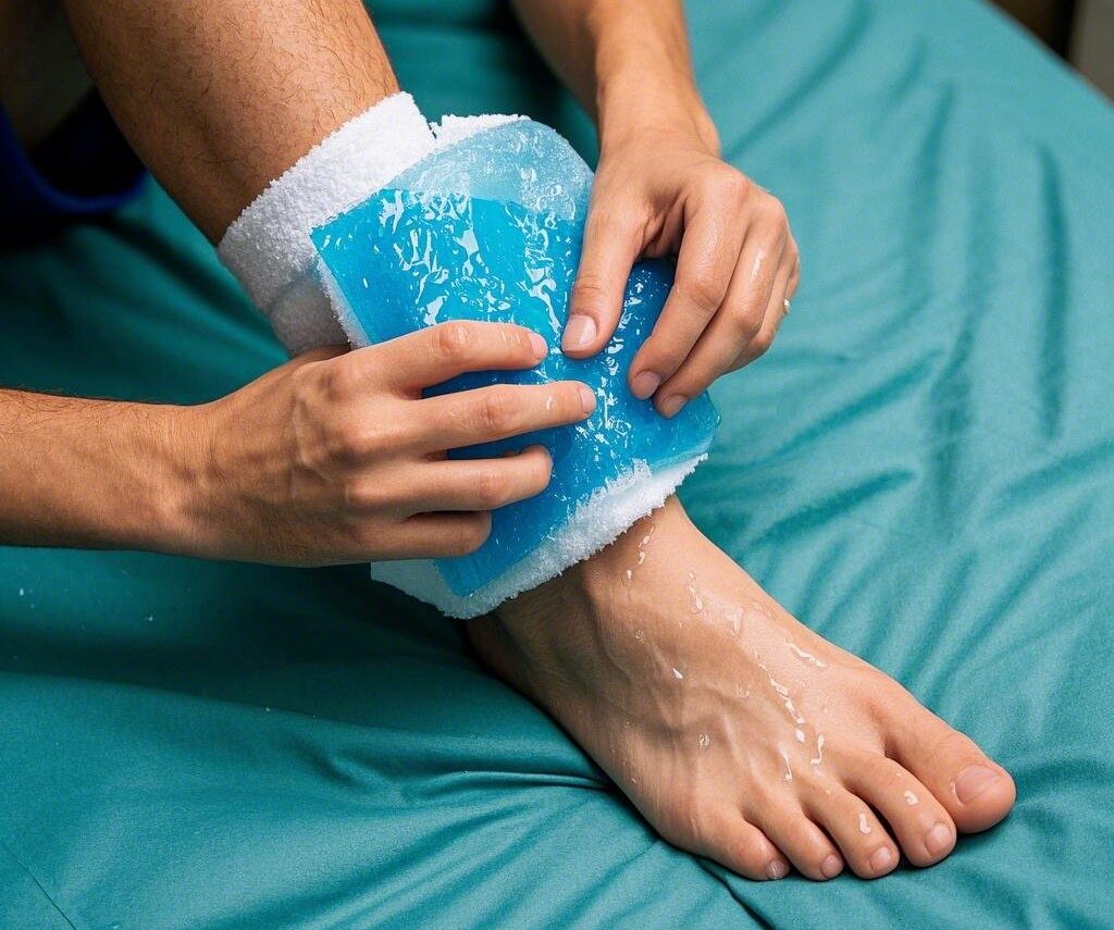 third person view of a man putting ice on injury body