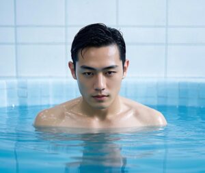 Third person view of a man inside ice baths