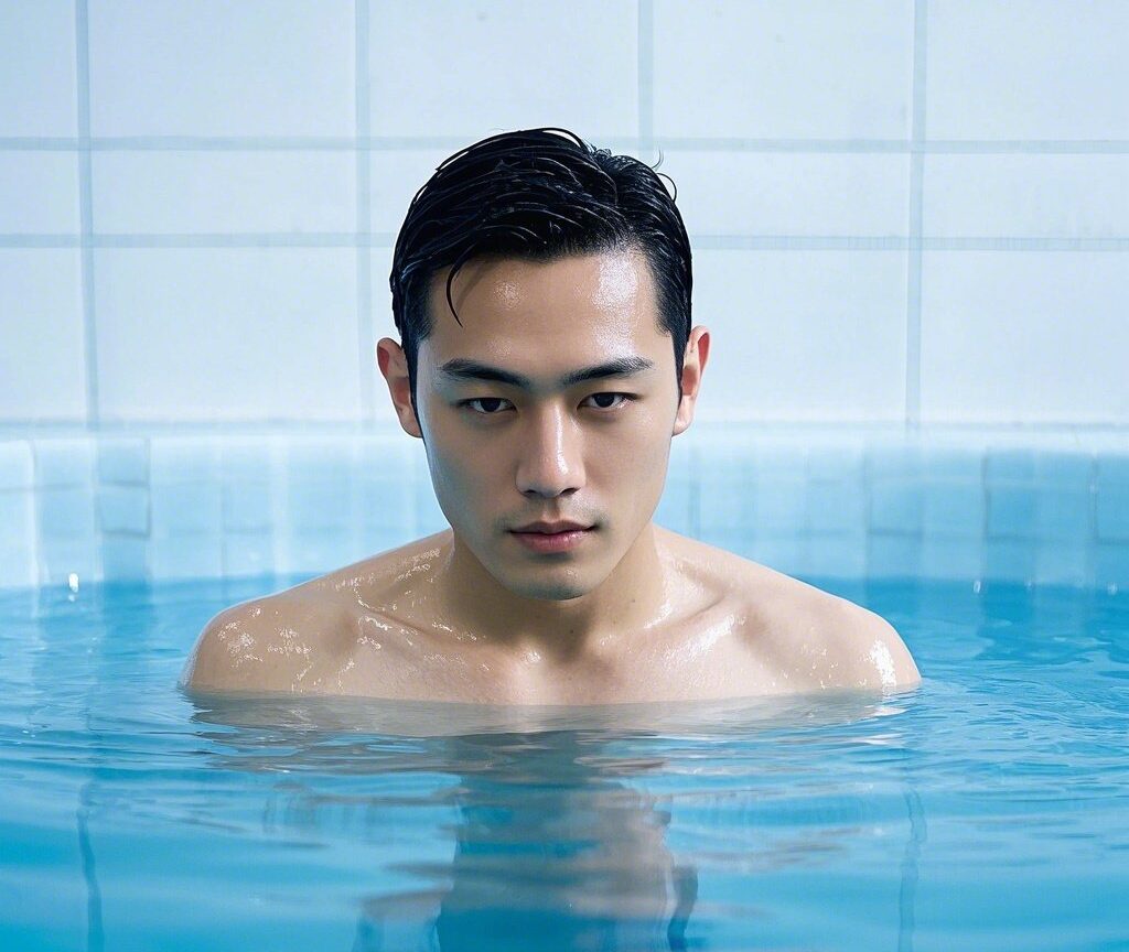 Third person view of a man inside ice baths